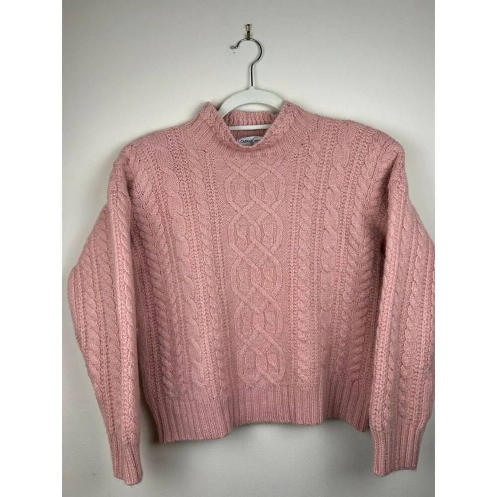Vintage Casual Corner Women's S Pink Cable-Knit Mock Neck  Pullover Sweater Wool